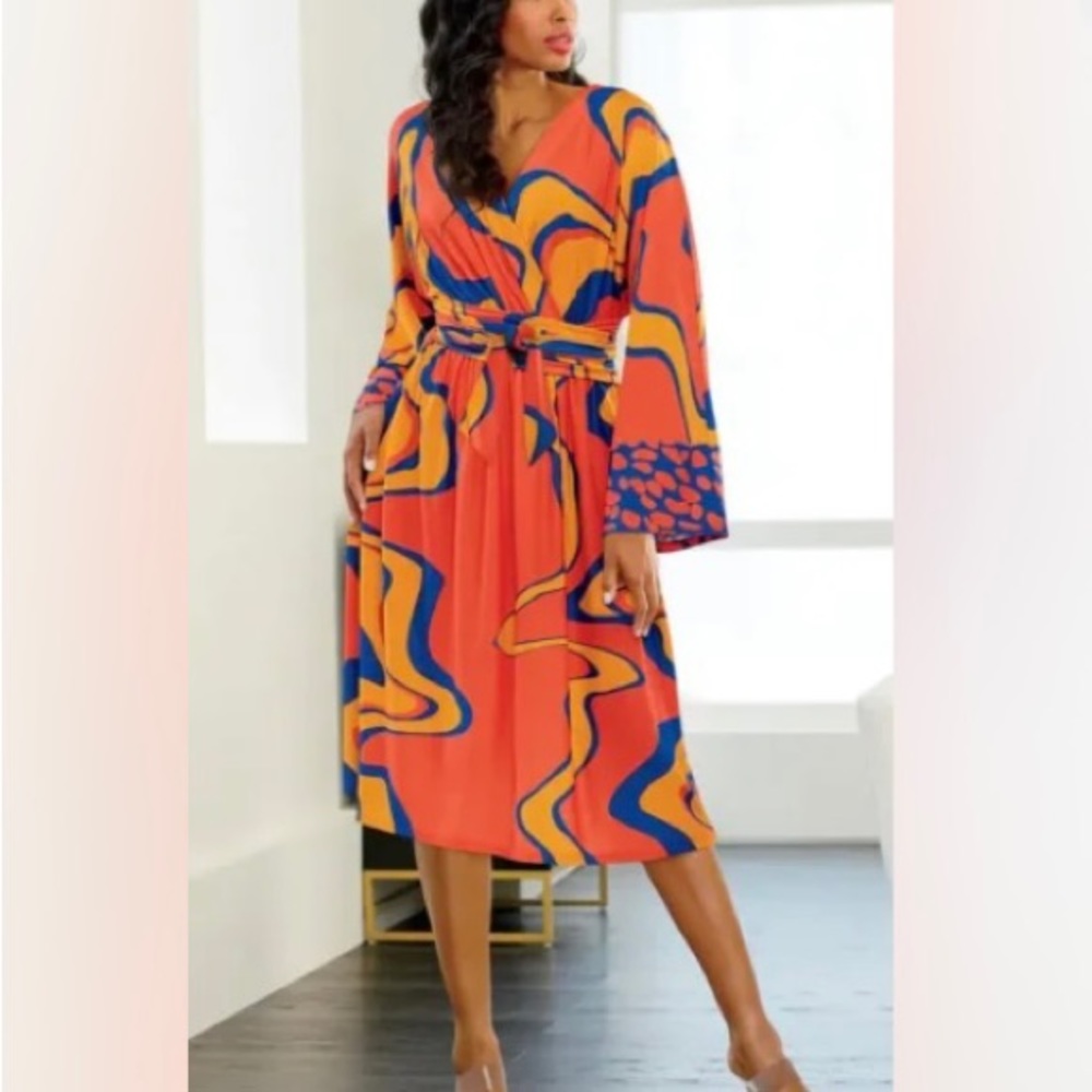 NWT - Size 14 Ashro Peach/Orangey Blue Gold Multi  Tawni Faux Wrap Dress